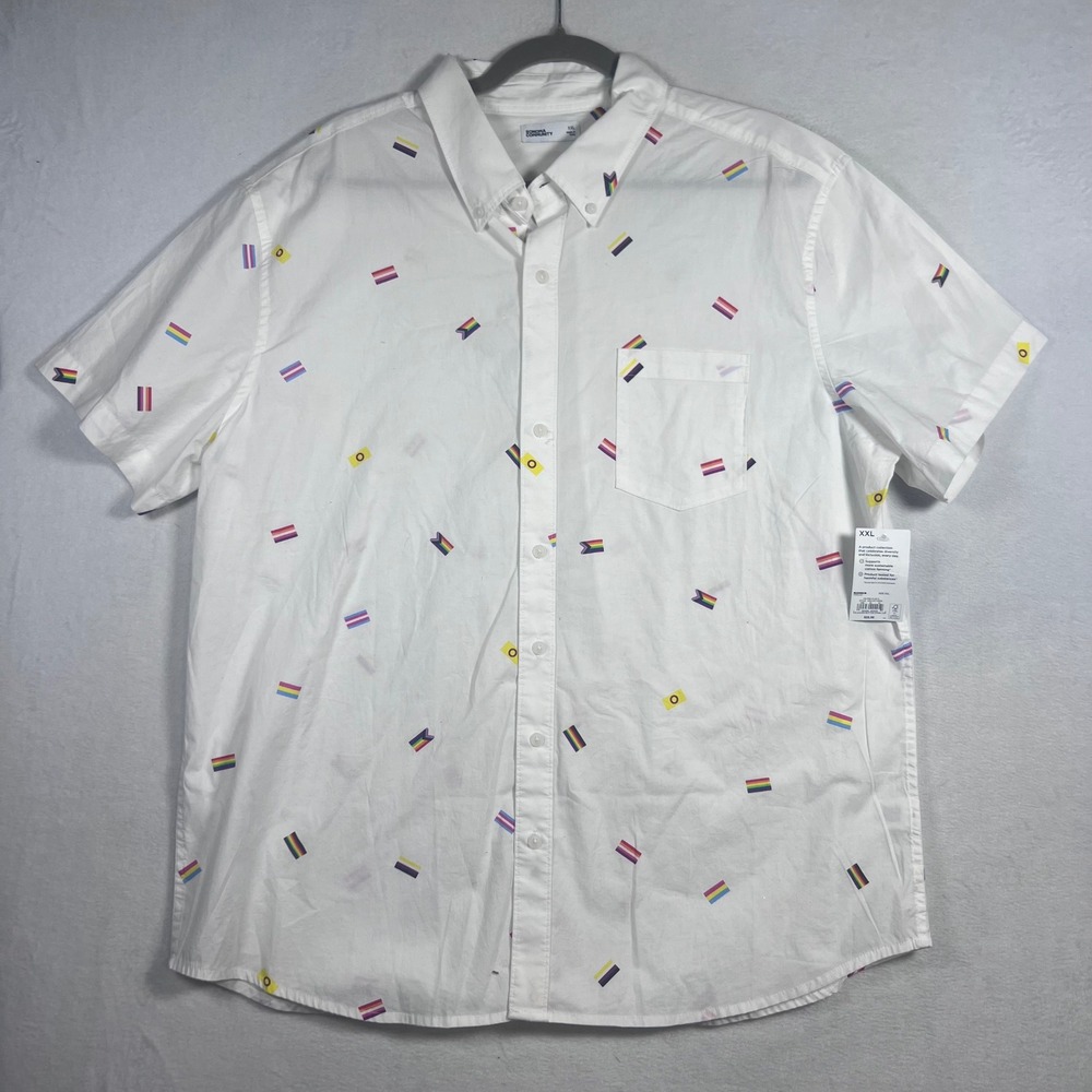 NWTs LGBTQ+ XXL White Pride Flag Print Button Down Shirt Festival Pride Parade
